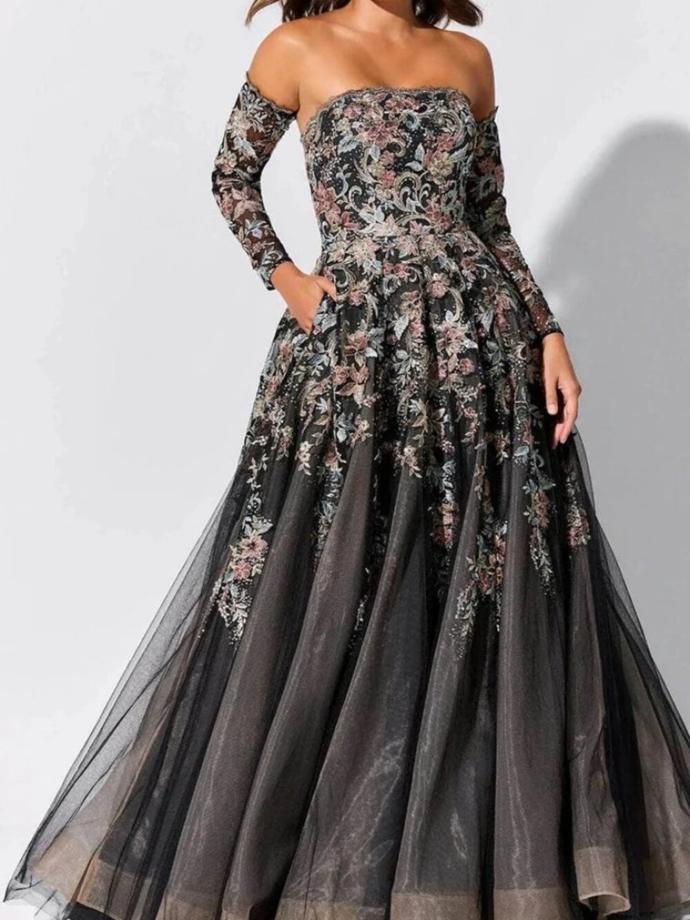 NWT Ivonne D ID327 Organza Prom Dress Blk/Multi Size 14